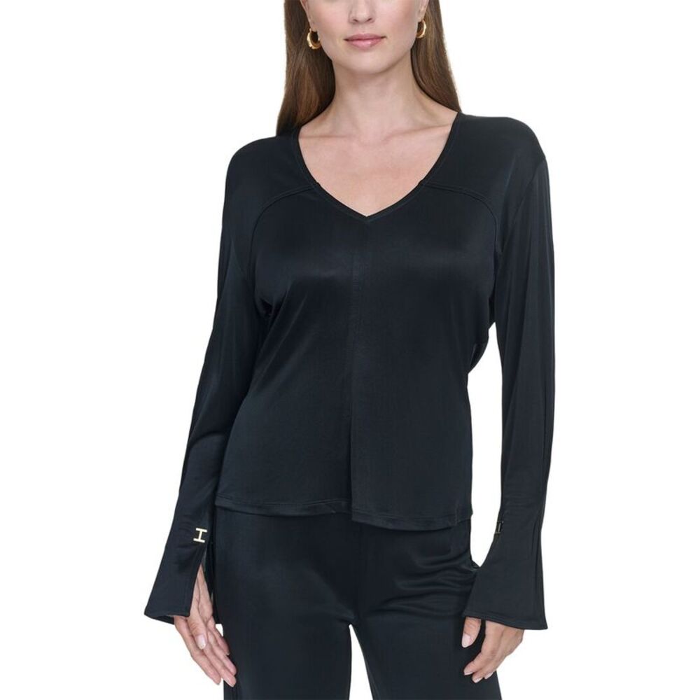 Halston Womens V-Neck Top, Black